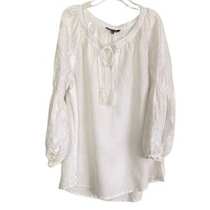 John.Mark White Embroidered Linen Ballon Sleeves Blouse Tunic Size L